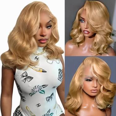 Imagem de Peruca de cabelo humano loiro mel cabelo humano 33 x 15 cm ondulado frontal perucas de cabelo humano densidade 200 pré-arrancadas sem cola Bob perucas para mulheres com cabelo de bebê, peruca de
