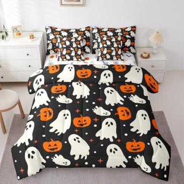 Imagem de Erosebridal Jogo de cama casal com tema de Halloween, 7 peças, cama fantasma fofo em uma bolsa, conjunto de cama de lanterna de abóbora inclui edredom, conjunto de lençóis, fronhas e fronhas