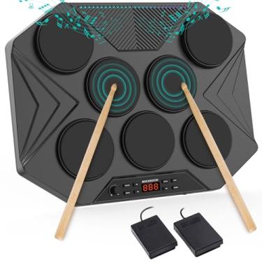 Imagem de ROCKSOCKI Conjunto de bateria eletrônica de mesa, kit de bateria digital portátil com sensibilidade de 7 velocidades, luz de nível de música LED, suporte USB-MIDI Mac e PC, presente ideal para adultos