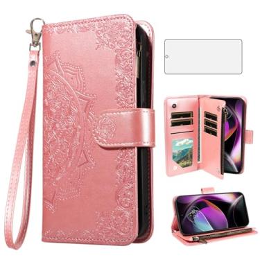 Imagem de Asuwish Capa para celular Motorola Moto G 5G 2022 com protetor de tela de vidro temperado e flor flip porta-cartão de crédito com suporte para MotoG 5 G G5G 2022 XT2213-3 XT2213-2 feminino ouro rosa