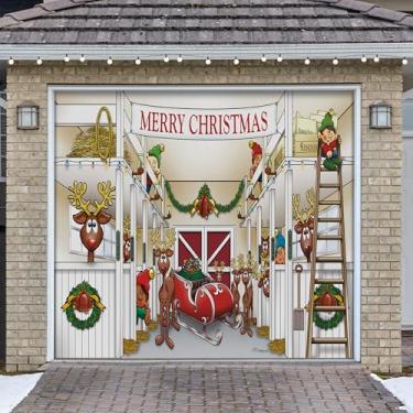Imagem de My Door Decor - Decoração de mural e porta de garagem - Banner de Natal com tema religioso - Celeiro de rena do Papai Noel - Vermelho e verde - 18,3 x 20,3 cm