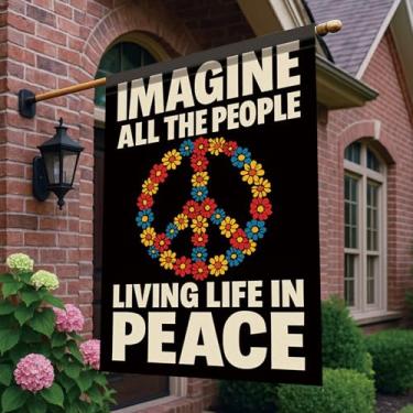 Imagem de Starlit Patio Bandeira Spring Peace House Imagine All The People Floral Symbol Yard Welcome Banner 71 x 101 cm Bandeira externa dupla face para varanda gramado primavera verão decoração de casa