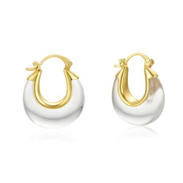 Imagem de YESLADY Brincos de argola de acrílico para mulheres, argolas grossas de resina banhada a ouro, brincos redondos ovais de lágrima leves, hipoalergênicos, divertidos, modernos, joias modernas, Metal