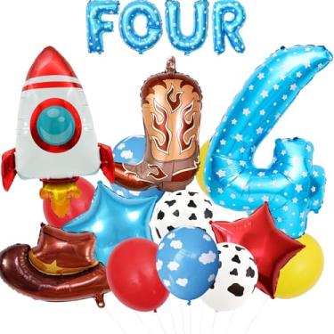Imagem de 18pcs Cartoon Toy Themed Party Decorations, Number 4th Boys And Girls Birthday Party Supplies, Cowboy Hat Boots Rocket Mylar Foil Balloon, Red Blue Yellow Balloons With Cow Print (4th)