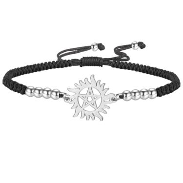 Imagem de UNIFT Pulseira Pentagrama Sun para mulheres e homens, aço inoxidável, oca, sobrenatural, corda dupla, berloques, joias Wicca, presentes, one size, Aço inoxidável, Sem Pedra Preciosa