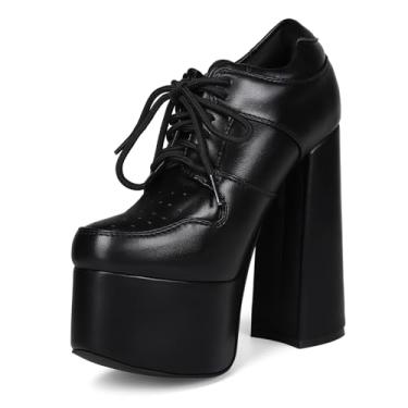 Imagem de Oisbmats Bota feminina de salto alto grosso com plataforma de bico redondo e cadarço clássica confortável, Preto, 38 BR