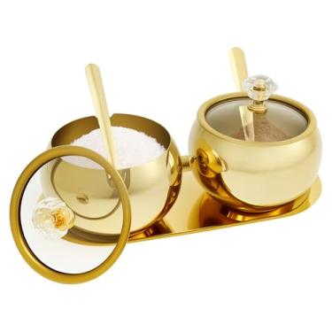 Imagem de 1/2 pçs açucareiro, açucareiro de aço inoxidável com tampa e colher, tigela de feijão de café, pote de açúcar, recipiente de açúcar, recipiente pequeno para condimentos, dispensador de cubos de açúcar