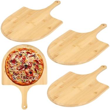 Imagem de 4 peças de bambu descascadas de pizza de madeira leve e macia com cabo longo para assar pão de pizza, cortar frutas, legumes, queijo e tábua de servir