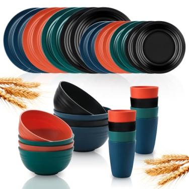 Imagem de Conjunto de utensílios de jantar, 32 peças de pratos e tigelas de palha de trigo para 8, conjunto de pratos de plástico reutilizáveis, cozinha ao ar livre, acampamento e jantar, itens essenciais