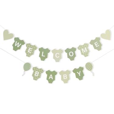 Imagem de Faixa de chá de bebê guingão verde - decorações de macacão de guingão verde, faixa de chá de bebê de boas-vindas, decoração reveladora de gênero de menino (verde)