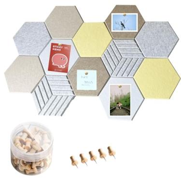 Imagem de Placas de feltro hexagonais para decoração de paredes – pacote com 12 azulejos adesivos de cortiça de 30 cm com 50 pinos, grande visor de fotos e quadro de notas para escritório, casa, quadro de pinos