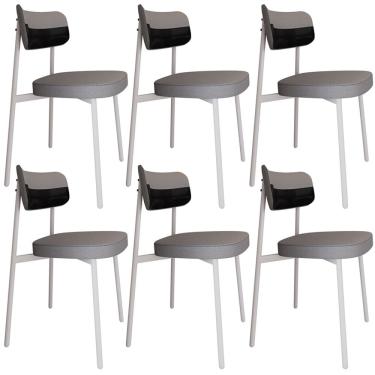 Imagem de Kit 06 Cadeiras Estofada Para Sala de Jantar Astrid Branco C01 Linho Cinza Courino Preto - Lyam Decor