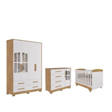 Imagem de Quarto Completo Bebe Moveis Peroba Charlo Elo Cris 3x1 MDF, Branco Amê