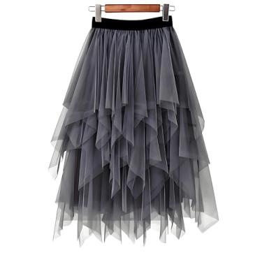Imagem de Saia de tule de malha feminina Onlybridal formal assimétrica de cintura elástica comprimento médio, Cinza, One Size