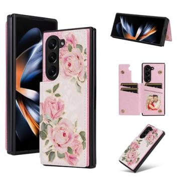 Imagem de Asuwish Capa de celular para Samsung Galaxy Z Fold 5 5G 2023 carteira com flor de luxo couro PU porta-cartão de crédito slot filme suporte suporte ZFold5 Z5 G Fold5 5Z mulheres meninas rosa flor