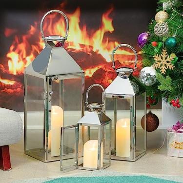 Imagem de MATICO Conjunto de 4 lanternas decorativas de aço inoxidável, suporte de vela de lanterna de furacão para decoração de casa, cerimônia de festival, uso interno e externo, prata