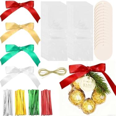 Imagem de Dansydaisy 100 conjuntos de guirlandas de Natal, sacos de celofane de plástico transparente com laço torcido, etiqueta para pendurar e fio de ouro, lembrancinha de festa de Natal, faça você mesmo