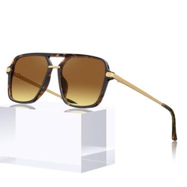 Imagem de Óculos de sol femininos STAGTN, quadrados, aviadores modernos, óculos escuros dos anos 90, proteção UV, Armação tartaruga, lentes marrons gradientes, tamanho �nico