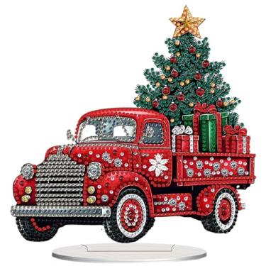 Imagem de Kits de pintura de arte de diamante de mesa para adultos, enfeite de mesa de arte de diamante de caminhão vermelho de Natal para adultos e crianças, diamantes em pé em forma especial para decoração de