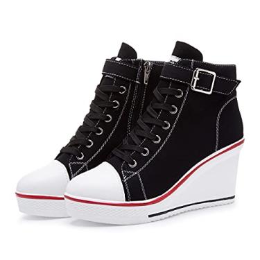 Imagem de Mei MACLEOD Tênis feminino de salto alto com zíper lateral/cadarço de lona para estudantes universitários, Preto, 35
