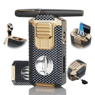 Imagem de Isqueiro de tocha 5 em 1, ferramenta integrada, punção, suporte, realçador de tração e chamas de jato triplo à prova de vento, isqueiros de butano recarregáveis com caixa de presente, isqueiro à prova