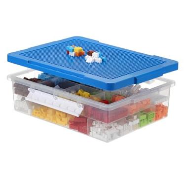 Imagem de OGANAZI Caixa de armazenamento de tijolos de blocos de construção com bandeja de classificação e tampa de placa de construção (azul)