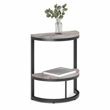 Imagem de Mesa lateral pequena economia de espaço 2 camadas meia mesa redonda com prateleira de armazenamento para sala de estar, sofá e quarto mesa lateral sala de estar (cinza)
