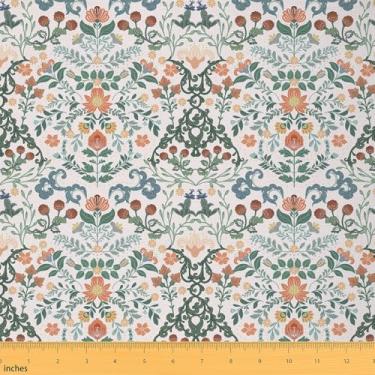 Imagem de jejeloiu Tecido floral por The Yard 5 jardas meninos meninas vinatge botânico verde estofado tecido para cadeiras, flores boho retrô para projetos de casa DIY azul flor de laranja