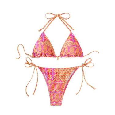 Imagem de Conjunto de biquíni SOLY HUX feminino de cintura alta laranja/rosa M