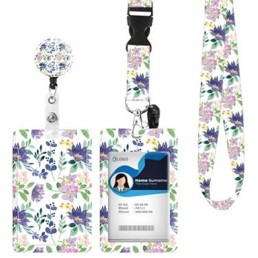 Imagem de Porta-crachá de identificação com cordão retrátil e chaveiro, carretel de crachá com clipe de mosquetão giratório, roxo selvagem floral, etiqueta de nome, cordão, protetor de identidade, clipes para