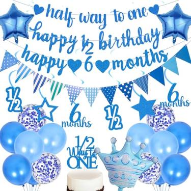 Imagem de Suprimentos de banner para decorações de meio aniversário - 28 peças azul feliz 1/2 ano banner de aniversário coração coroa balões flâmula glitter topo de bolo para bebê menino 6 meses decoração de