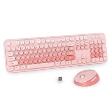 Imagem de iRoboosta Teclado e mouse rosa sem fio, teclado de máquina de escrever fofo de 2,4 GHz com teclas redondas, teclado colorido de tamanho completo com teclado numérico, teclados estéticos para casa e
