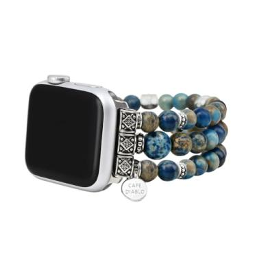 Imagem de Cape Diablo Pulseira feminina para relógio inteligente - pulseira de pedra preciosa feita à mão - compatível com Apple Faces de 38 mm-45 mm (Jaspe Imperial Azul, Grande - Serve em pulsos de 16,5 a 7