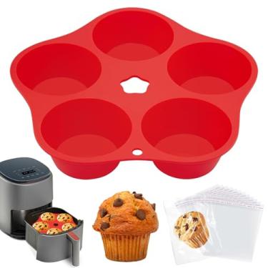 Imagem de BMSQOFD Formas de muffin para assar para fritadeira a ar, frigideira a ar de silicone para assar, formas antiaderentes de silicone para ovos, fritadeira a ar, molde de cupcake, 5 xícaras, molde de