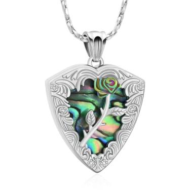 Imagem de AIWENXI Joia de cremação memorial de concha de abalone de roseflower para cinzas em forma de escudo urna colares para homens e mulheres joias de aço inoxidável para animais de estimação, Aço