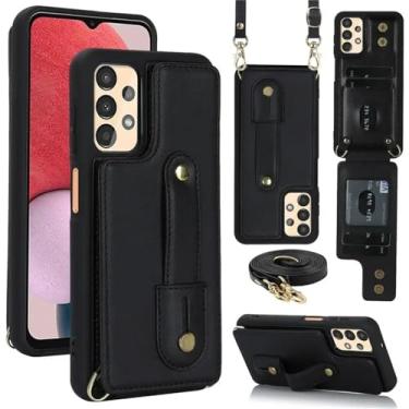 Imagem de Capa tipo carteira de couro com cordão para Samsung Galaxy S25 Edge S24 Ultra S23 Plus S22 A55 A35 A15 A54 A34 A14 A53 A13 A52S, preta, para Samsung S22 Plus