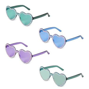 Imagem de 4 peças de óculos de sol sem aro em forma de coração, pequenos óculos de sol de coração com strass, sem aro para festas de aniversário femininas (azul, verde, verde transparente, roxo)