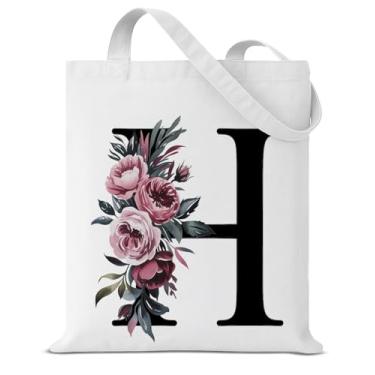 Imagem de Bolsa feminina de lona com inicial H, floral, letra H, personalizada, reutilizável, para compras, trabalho, viagem, praia, presentes com monograma, sacolas estilosas