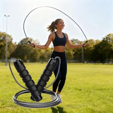 Imagem de Corda de pular de 3 metros, corda de pular de aço ajustável com rolamentos de esferas, adequada para fitness em casa, exercícios e treinamento, preta