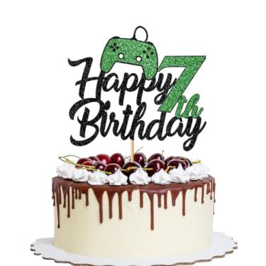 Imagem de YQLXDHBD 1 pç Topo de bolo de feliz aniversário 7 anos Glitter Video Game Pick Game On Controllers Seventh Cheers to 7 Years decoração de bolo, meninos meninas em cima de nível vencedor decoração de