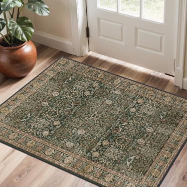 Imagem de Bavni Capacho, 5 x 7 cm, lavável na máquina, antiderrapante, estilo estampa floral vintage para entrada, tapete leve de pelo baixo para corredores, cozinha e corredor, verde escuro/multi