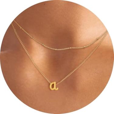 Imagem de Colar feminino com inicial em camadas, pingente de letra A-Z, gargantilha de corrente dupla, joias delicadas em camadas, estilo minimalista, 14+2in/16+2in, Aço inoxidável, Sem Pedra Preciosa