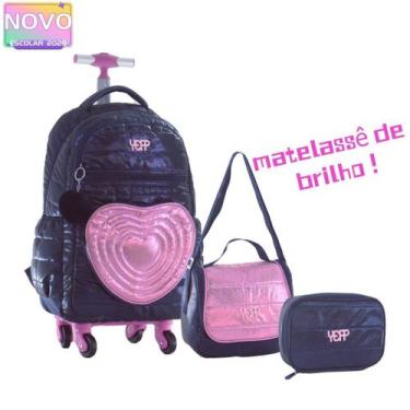 Imagem de Kit Mochila Coração Glitter Rodinha 360 Feminina Escolar Candy Collor 