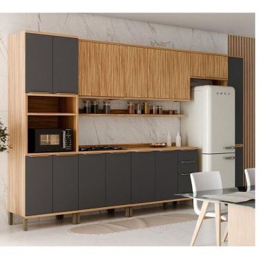 Imagem de Cozinha Modulada Completa 7 Peças 16 Portas Com Tampo 385cm 100% Mdf Noruega Espresso Móveis Amêndoa-chumbo