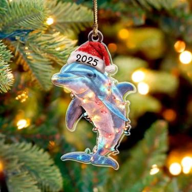 Imagem de Enfeite de Natal de golfinho 2025, animais marinhos e oceânicos 9,5 cm (plano 2D) Enfeite de acrílico de dupla face, presente para amantes de golfinhos, mergulhadores, enfeite de Natal para mulheres