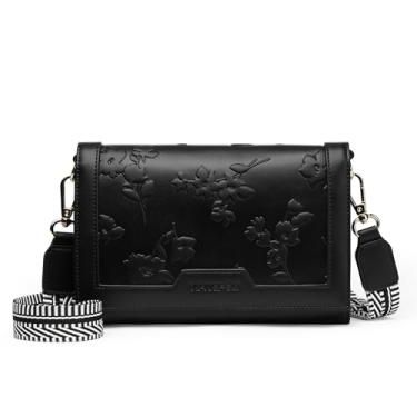 Imagem de Bolsas transversais femininas de couro vegano RFID pequeno porta-passaporte carteira de viagem bolsas de ombro para bolsas femininas, Preto, Alça de ombro de guitarra com compartimentos para cartão de