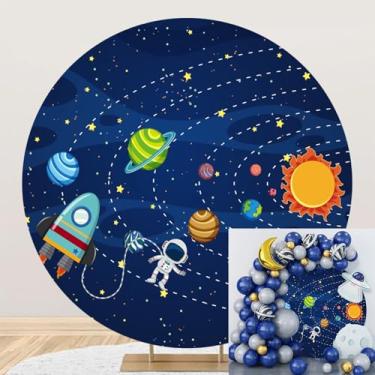 Imagem de Poliéster diâmetro 2,1 m redondo desenho animado galáxia pano de fundo foto céu estrelado foguete astronauta planeta fotografia fundo chá de bebê crianças aniversário decoração suprimentos
