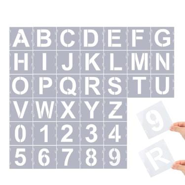 Imagem de Estênceis e números de letras de 10 cm, 36 peças de estênceis de arte de plástico para pintura, estêncil para artesanato, reutilizável para uso em madeira, paredes, tecido, placas e projetos de arte
