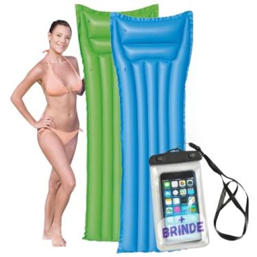 Imagem de Kit 2 Boias Colchões Bronzeador Inflável Piscina Praia Gigante PVC Reforçado e Capa A Prova D água Para Celular Universal Até 6.7 Polegadas (Verde e Azul+Capa)
