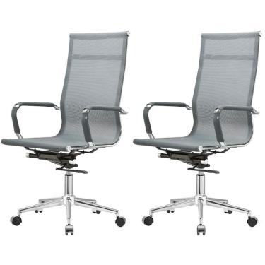 Imagem de Kit 2 Cadeiras Giratória Office Sydney Presidente Fratini Tela Cinza Base Aço Cromado